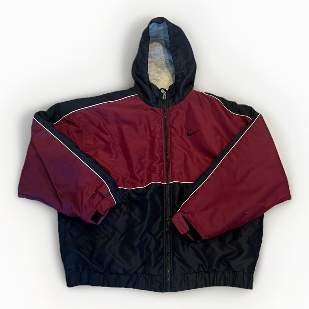 Vintage Nike Jacket Men Large Burgundy Black Hoodie Lined Y2K Swoosh 90s Thick